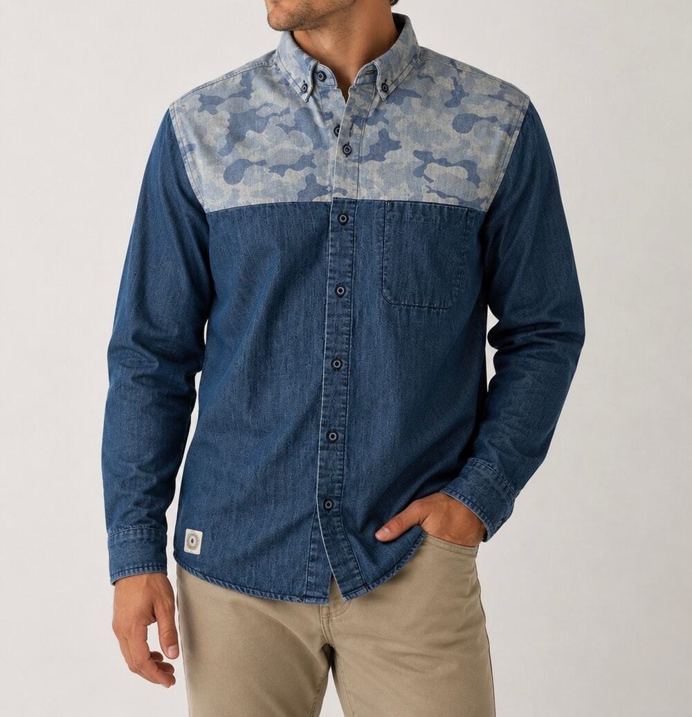 7 Diamonds Denim Camouflage Yoke Cotton Button Down Shirt Size Large